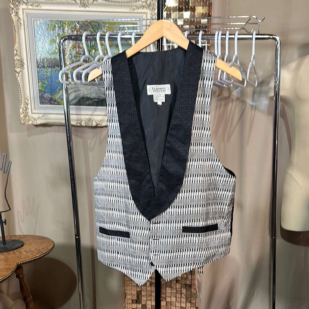 Vintage Randy River Silk Black and White Vest with Shawl Collar